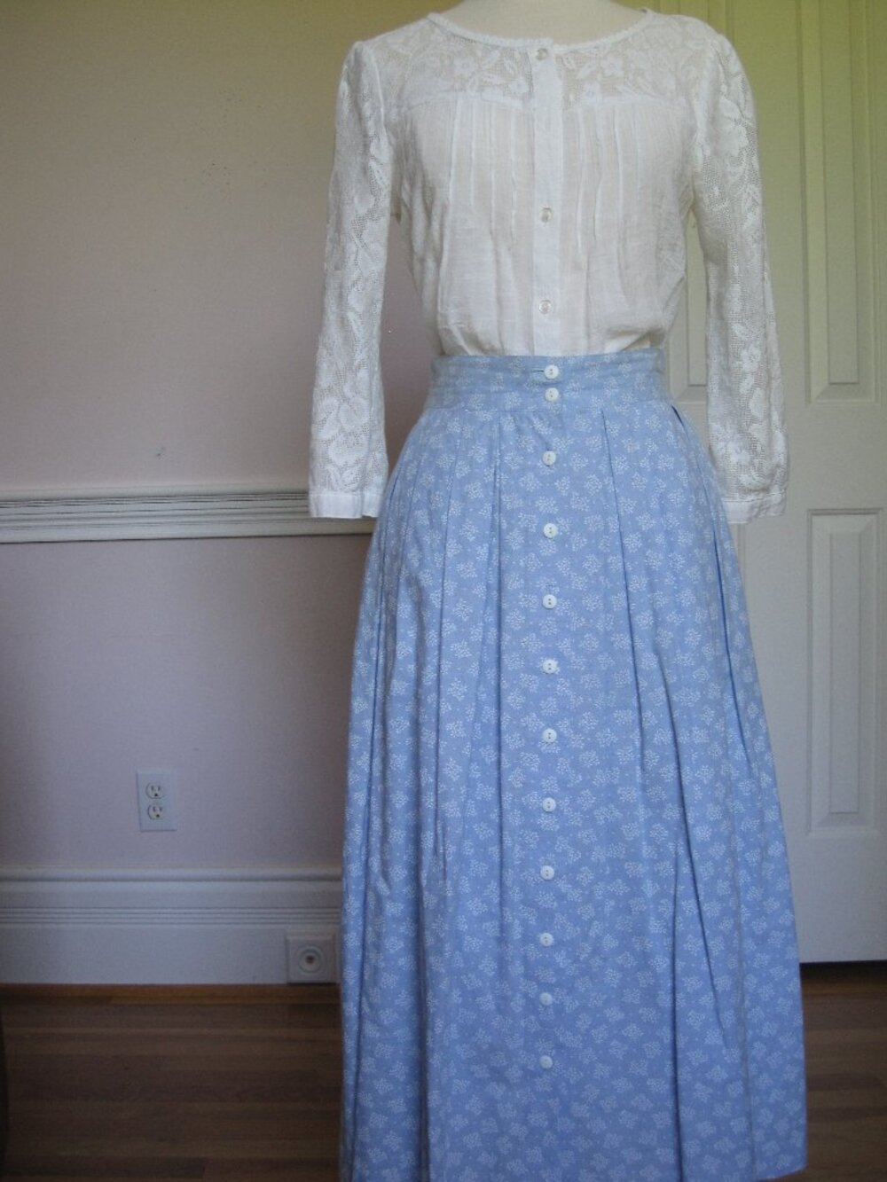 Vintage Light Blue Pleated A-Line Cotton Skirt